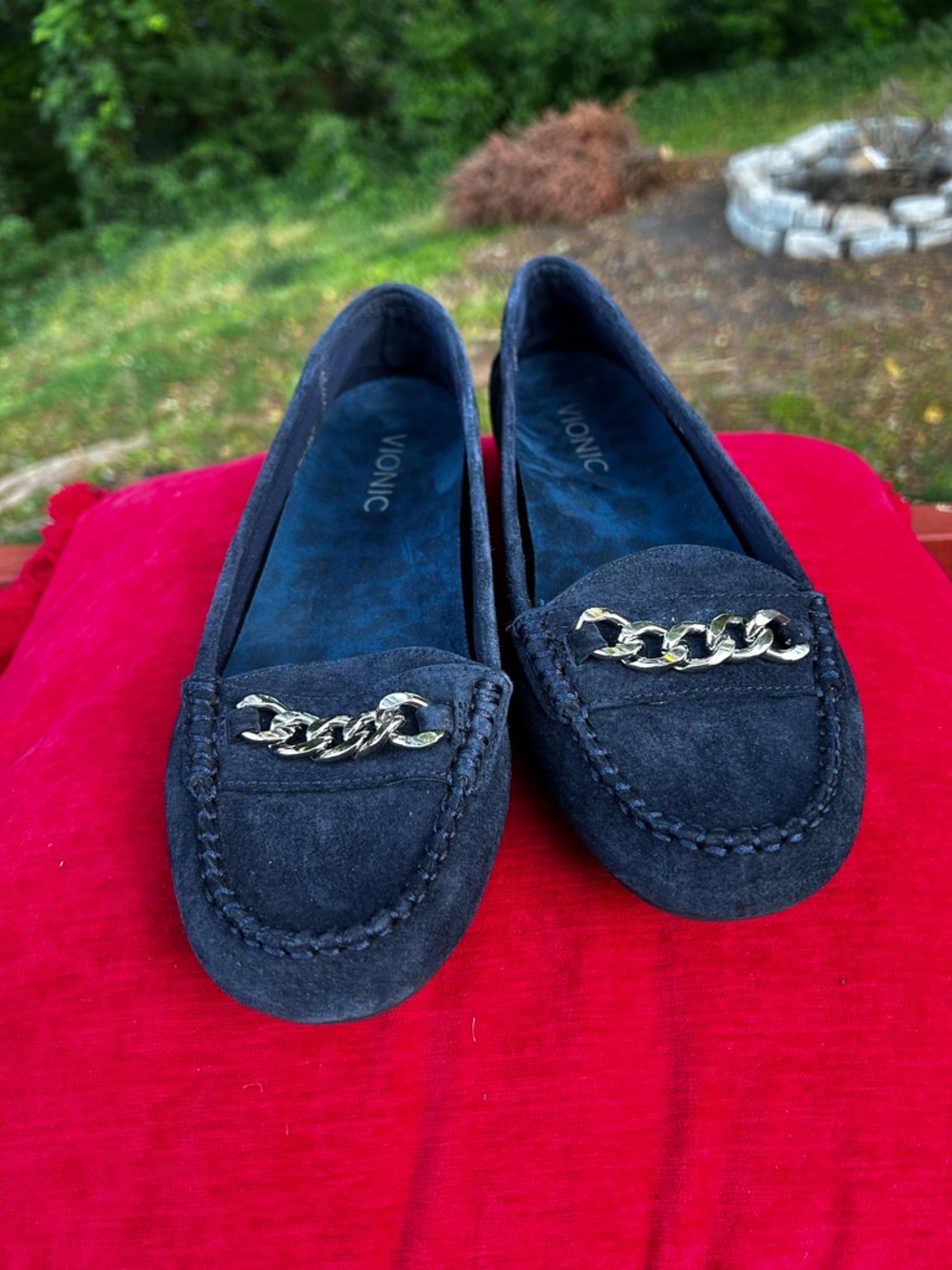 Vionic Navy Suede Loafers with Gold Chain Accent